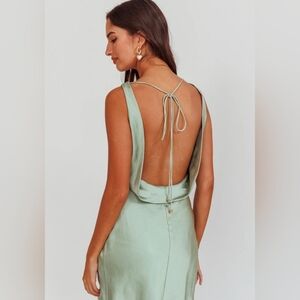 Selfie Leslie Satin Open-Back Maxi Slip Dress in Pistachio Green